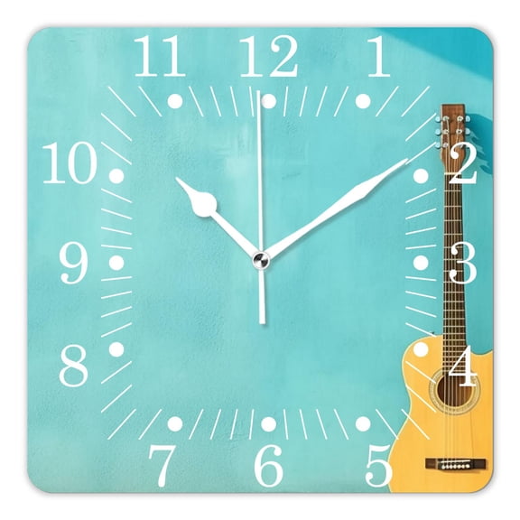 10 Inch Wall Clock Battery Operated Square Clock for Office, Kitchen, Outdoor, Living Room,Guitar Wooden Plank Music Design
