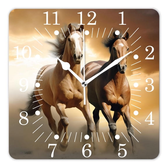 10 Inch Wall Clock Battery Operated Square Clock for Office, Kitchen, Outdoor, Living Room,Horse In Sunset Painting