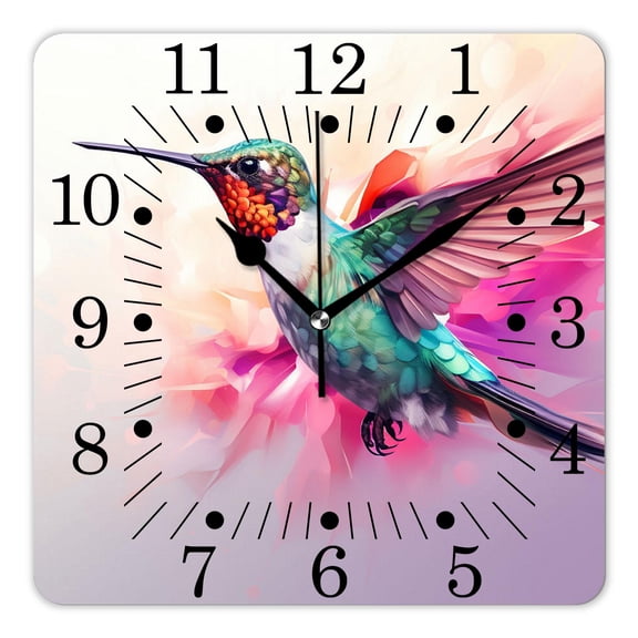 10 Inch Wall Clock Battery Operated Square Clock for Office, Kitchen, Outdoor, Living Room,Hummingbird In Flight with Purple Flower Print