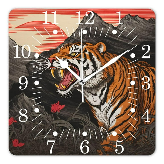 10 Inch Wall Clock Battery Operated Square Clock for Office, Kitchen, Outdoor, Living Room,Japanese Tiger Sun Beautiful