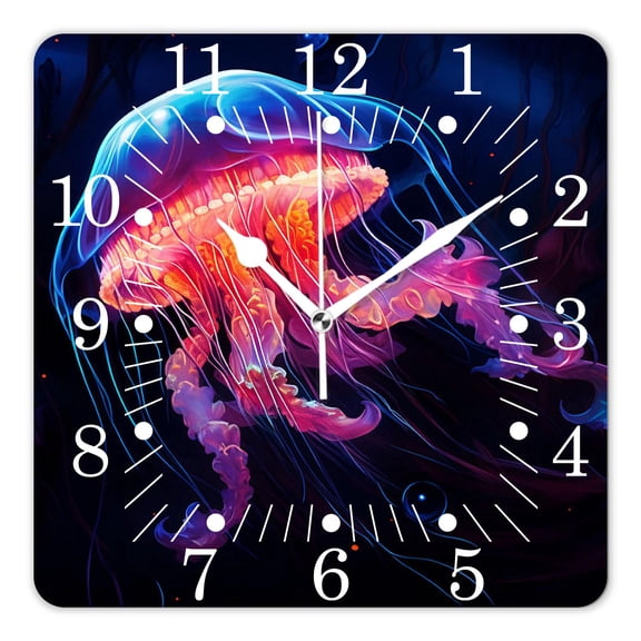 10 Inch Wall Clock Battery Operated Square Clock for Office, Kitchen, Outdoor, Living Room,Jellyfish Pink Starry Underwater Marine Sea Life Pattern