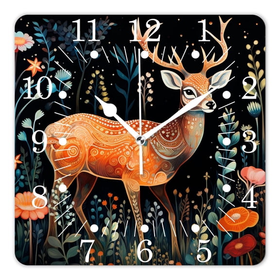 10 Inch Wall Clock Battery Operated Square Clock for Office, Kitchen, Outdoor, Living Room,Little Deer Reindeer In Green Magic Forest Design