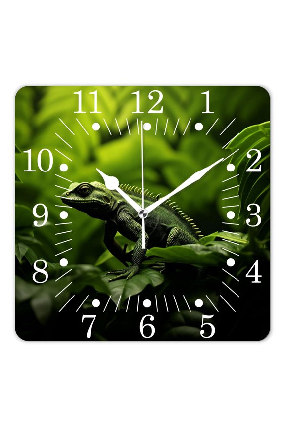 10 Inch Wall Clock Battery Operated Square Clock for Office, Kitchen, Outdoor, Living Room,Lizard Gecko Shape on Green Leaf Drawing