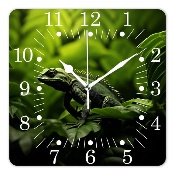 10 Inch Wall Clock Battery Operated Square Clock for Office, Kitchen, Outdoor, Living Room,Lizard Gecko Shape on Green Leaf Drawing