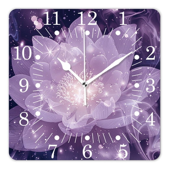 10 Inch Wall Clock Battery Operated Square Clock for Office, Kitchen, Outdoor, Living Room,Lotus Flower Butterfly Purple Natural