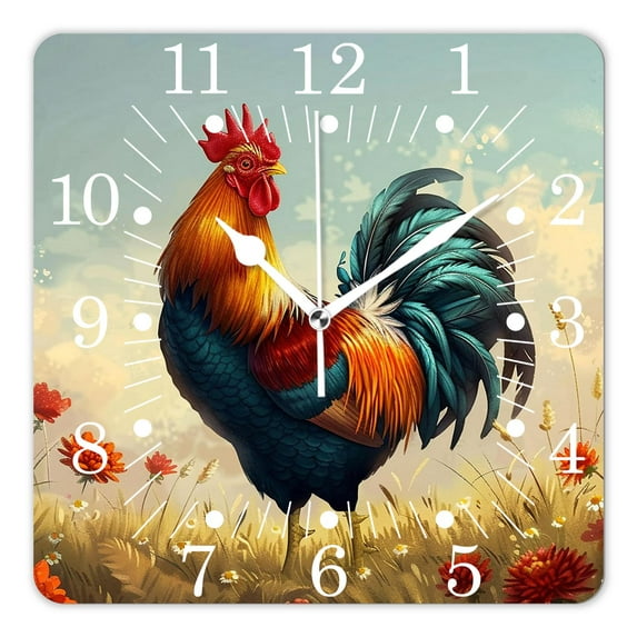 10 Inch Wall Clock Battery Operated Square Clock for Office, Kitchen, Outdoor, Living Room,Lovely Rooster Butterfly Flower Stunning