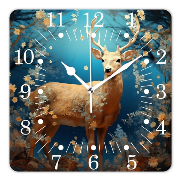 10 Inch Wall Clock Battery Operated Square Clock for Office, Kitchen, Outdoor, Living Room,Luxurious Deer Gold Flower Bloom In Antler Print