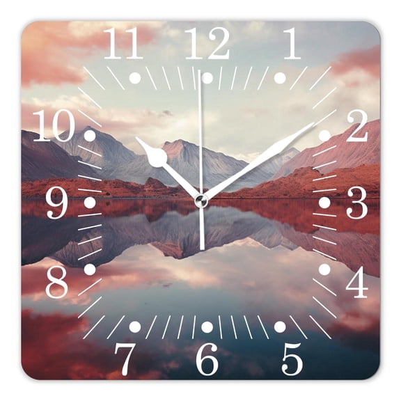 10 Inch Wall Clock Battery Operated Square Clock for Office, Kitchen, Outdoor, Living Room,Nature Scene Red Peaks Over Calm High Mountain Lake Design