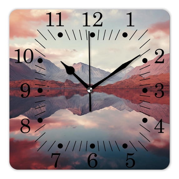 10 Inch Wall Clock Battery Operated Square Clock for Office, Kitchen, Outdoor, Living Room,Nature Scene Red Peaks Over Calm High Mountain Lake Design