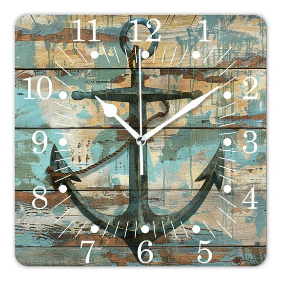 10 Inch Wall Clock Battery Operated Square Clock for Office, Kitchen, Outdoor, Living Room,Nautical Anchor Rustic Wooden Charming