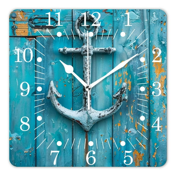 10 Inch Wall Clock Battery Operated Square Clock for Office, Kitchen, Outdoor, Living Room,Nautical Anchor with Rope on Turquoise Blue Graceful
