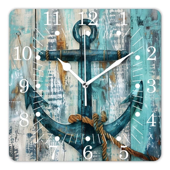 10 Inch Wall Clock Battery Operated Square Clock for Office, Kitchen, Outdoor, Living Room,Nautical Anchor with Rope on Turquoise Blue Grunge Natural