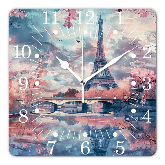 10 Inch Wall Clock Battery Operated Square Clock for Office, Kitchen, Outdoor, Living Room,Oil Painting Paris France City Eiffel Tower Amazing
