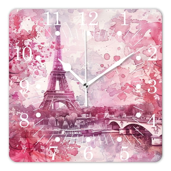 10 Inch Wall Clock Battery Operated Square Clock for Office, Kitchen, Outdoor, Living Room,Oil Painting Paris France City Eiffel Tower Natural