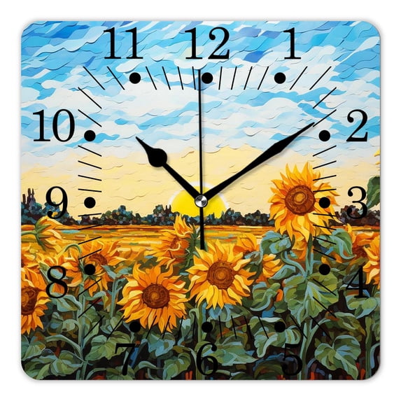 10 Inch Wall Clock Battery Operated Square Clock for Office, Kitchen, Outdoor, Living Room,Oil Painting Sunflowers Pattern
