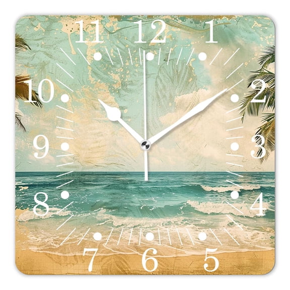 10 Inch Wall Clock Battery Operated Square Clock for Office, Kitchen, Outdoor, Living Room,Palm Tree Ocean Beach Summer Blue Sky Elaborate