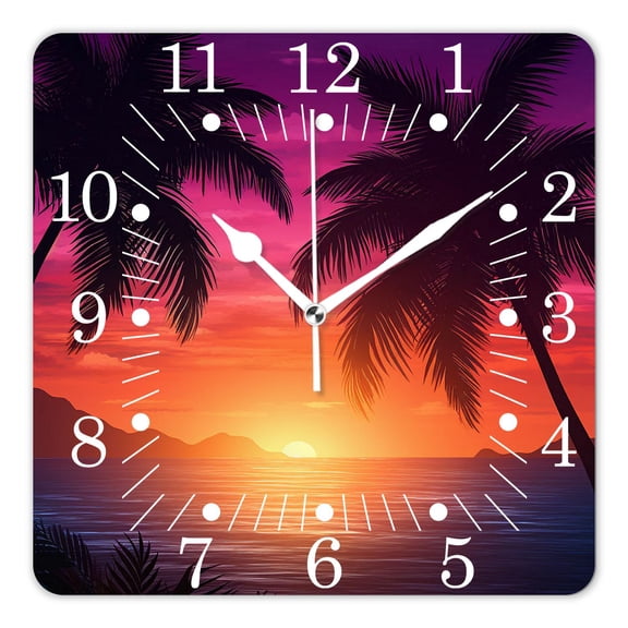 10 Inch Wall Clock Battery Operated Square Clock for Office, Kitchen, Outdoor, Living Room,Palm Tree Sunset Tropical Beach Ocean Style