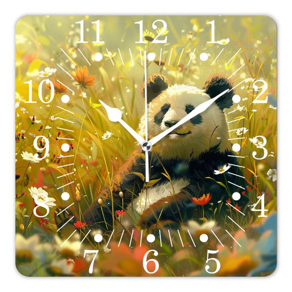 10 Inch Wall Clock Battery Operated Square Clock for Office, Kitchen, Outdoor, Living Room,Panda Bear Sunflower Elaborate