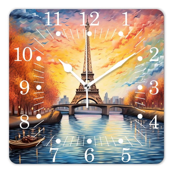 10 Inch Wall Clock Battery Operated Square Clock for Office, Kitchen, Outdoor, Living Room,Paris Eiffel Tower and Cloudy Sky Panoramic Creative