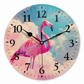 10 Inch Wall Clock Battery Operated Square Clock for Office, Kitchen, Outdoor, Living Room, Pink Flamingo Standing On Clouds With Rainbow In The Sky