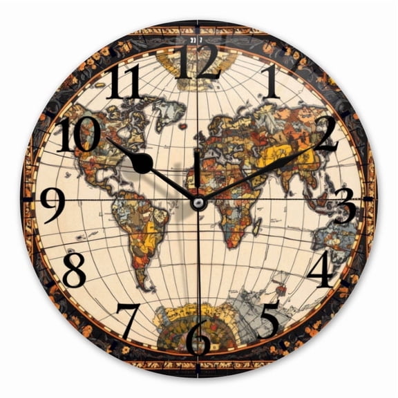 10 Inch Wall Clock Battery Operated Square Clock for Office, Kitchen, Outdoor, Living Room, Retro Style Round World Map