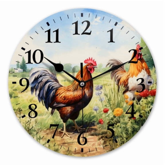 10 Inch Wall Clock Battery Operated Square Clock for Office, Kitchen, Outdoor, Living Room, Roosters In Field With Flowers On Sunny Day