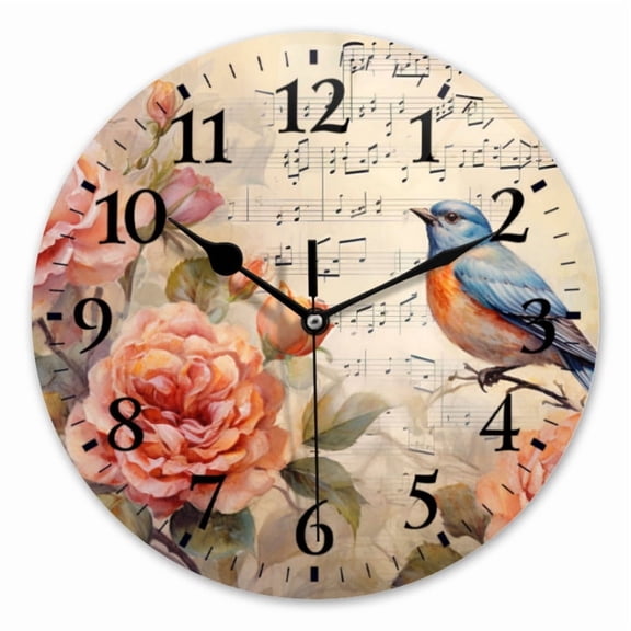 10 Inch Wall Clock Battery Operated Square Clock for Office, Kitchen, Outdoor, Living Room, Roses And Blue Bird On Music Sheet Background