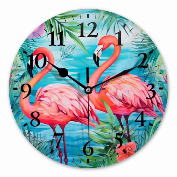 10 Inch Wall Clock Battery Operated Square Clock for Office, Kitchen, Outdoor, Living Room, Two Pink Flamingos With Flower