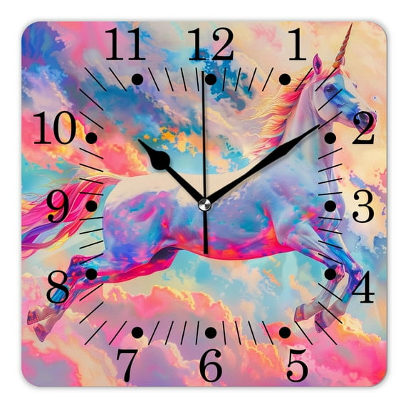 10 Inch Wall Clock Battery Operated Square Clock for Office, Kitchen, Outdoor, Living Room,Unicorn and Rainbow Pink Attractive