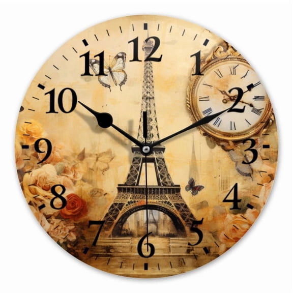 10 Inch Wall Clock Battery Operated Square Clock for Office, Kitchen, Outdoor, Living Room, Vintage Eiffel Tower With Roses And Butterflies