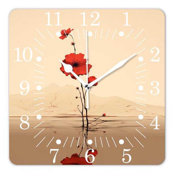 10 Inch Wall Clock Battery Operated Square Clock for Office, Kitchen, Outdoor, Living Room,Vintage Retro Red Poppy Flowers Adorable