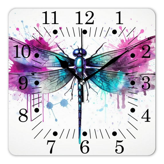 10 Inch Wall Clock Battery Operated Square Clock for Office, Kitchen, Outdoor, Living Room,Violet Dragonfly Picture