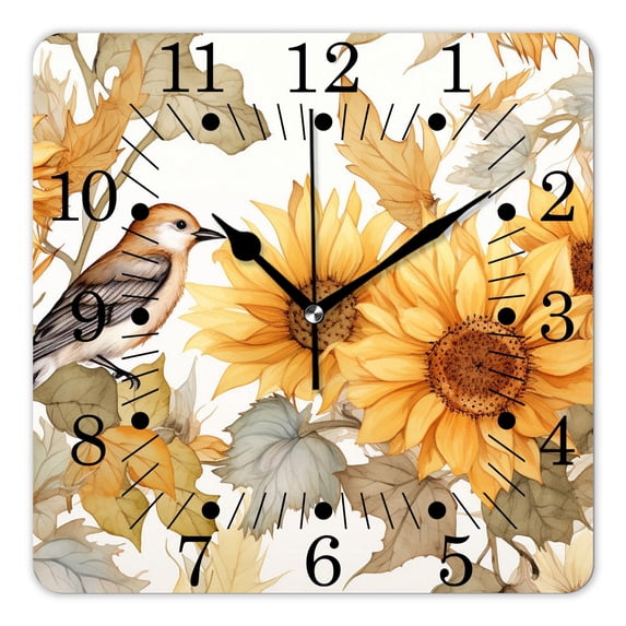 10 Inch Wall Clock Battery Operated Square Clock for Office, Kitchen, Outdoor, Living Room,Watercolor Autumn Pattern Robin Bird Sunflower Image
