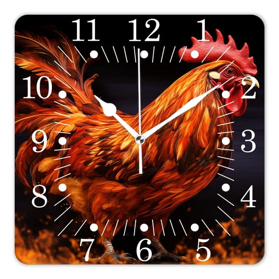 10 Inch Wall Clock Battery Operated Square Clock for Office, Kitchen, Outdoor, Living Room,Year Fire Rooster Flame on Black Lovely