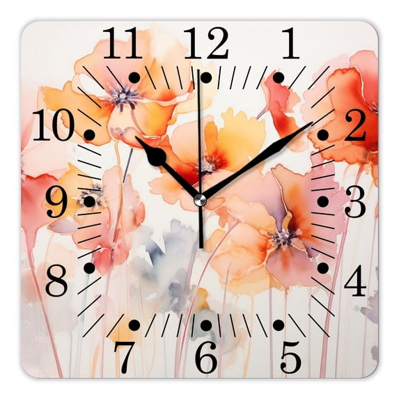 10 Inch Wall Clock Battery Operated Square Clock for Office, Kitchen, Outdoor, Living Room,Abstract Watercolor Red Poppy Flower Painting In Blurs and Color Design