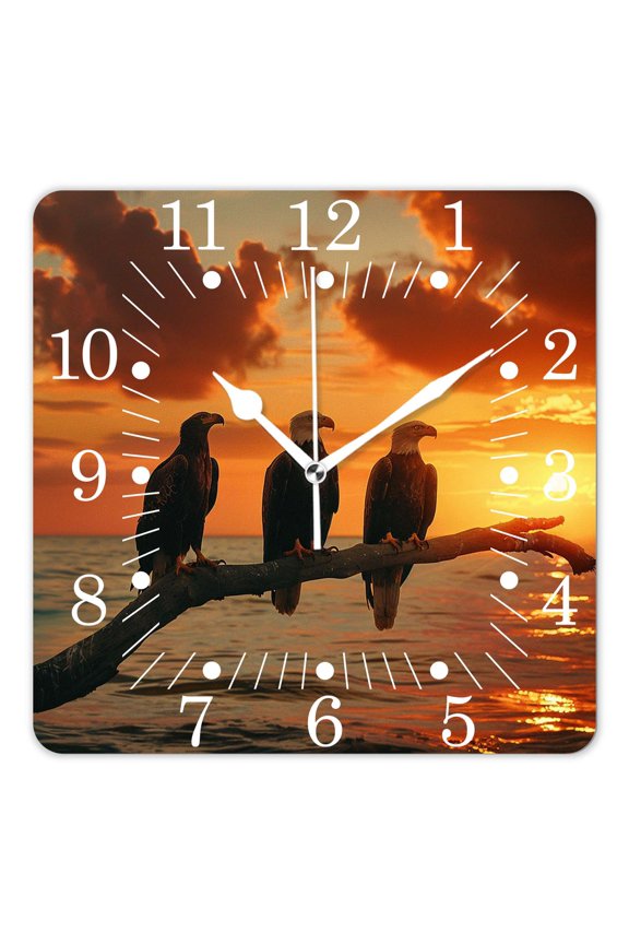 10 Inch Wall Clock Battery Operated Square Clock for Office, Kitchen, Outdoor, Living Room,American Bald Eagle on Tree Mountain with Sunset Warm Sun Natural