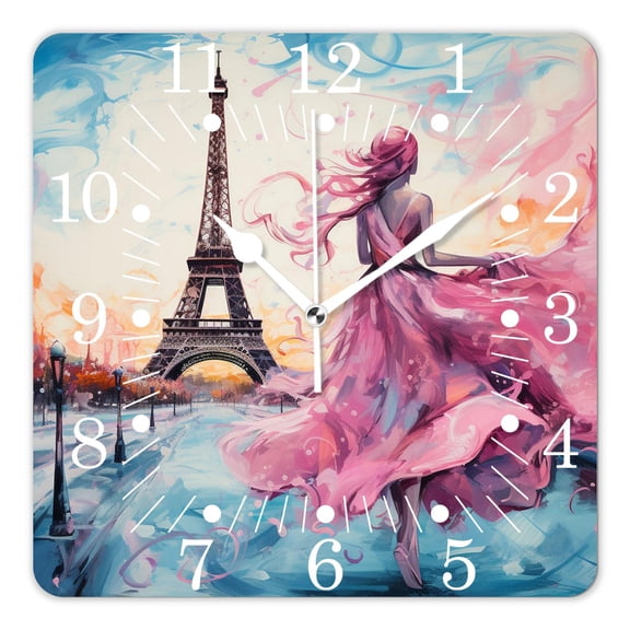 10 Inch Wall Clock Battery Operated Square Clock for Office, Kitchen, Outdoor, Living Room,Ballerina Girl Dancing Ballet with Paris Eiffel Tower Paint Splash Elegant