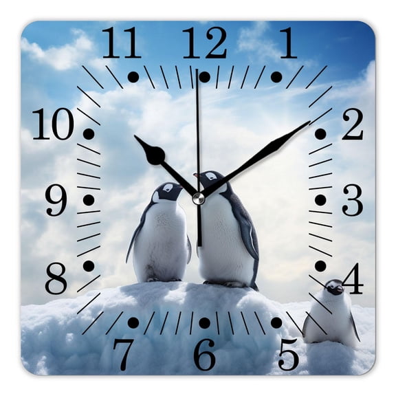 10 Inch Wall Clock Battery Operated Square Clock for Office, Kitchen, Outdoor, Living Room,Beautiful Penguin Chick on Snow with Blue Sky and Cloud In South Picture
