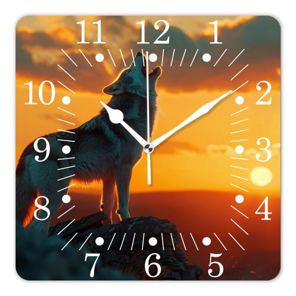 10 Inch Wall Clock Battery Operated Square Clock for Office, Kitchen, Outdoor, Living Room,Black and White Wolf Howling At The Moon Starry Sky Delicate