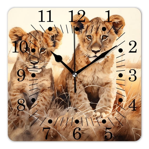 10 Inch Wall Clock Battery Operated Square Clock for Office, Kitchen, Outdoor, Living Room,Cute Lion Playing Wildlife Animal In Autumn Woodland Design