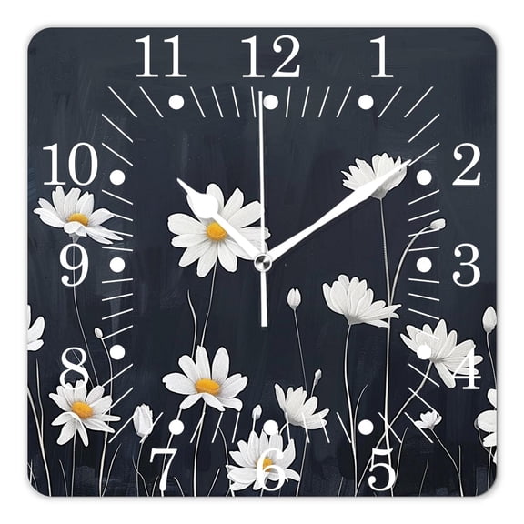 10 Inch Wall Clock Battery Operated Square Clock for Office, Kitchen, Outdoor, Living Room,Daisy Pattern Green Floral Branch White Flower Chamomile Trend Chic
