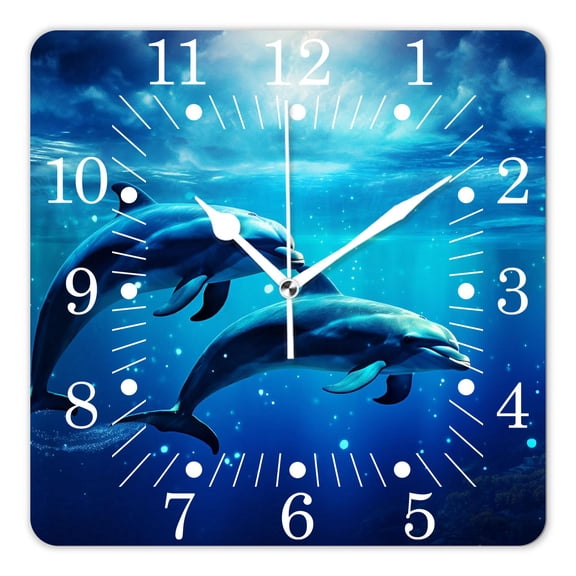 10 Inch Wall Clock Battery Operated Square Clock for Office, Kitchen, Outdoor, Living Room,Dolphin Couple Jumping Blue Starry Night Sky Full Moon Ocean Design