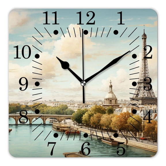 10 Inch Wall Clock Battery Operated Square Clock for Office, Kitchen, Outdoor, Living Room,Eiffel Tower In Paris France Vintage Old Retro Style Design