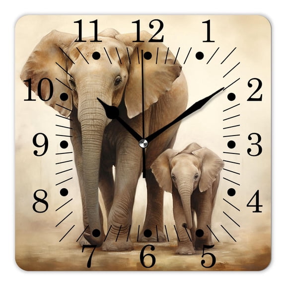 10 Inch Wall Clock Battery Operated Square Clock for Office, Kitchen, Outdoor, Living Room,Elephant Animal Walk In Road with Sun Woodland Tree Adorable
