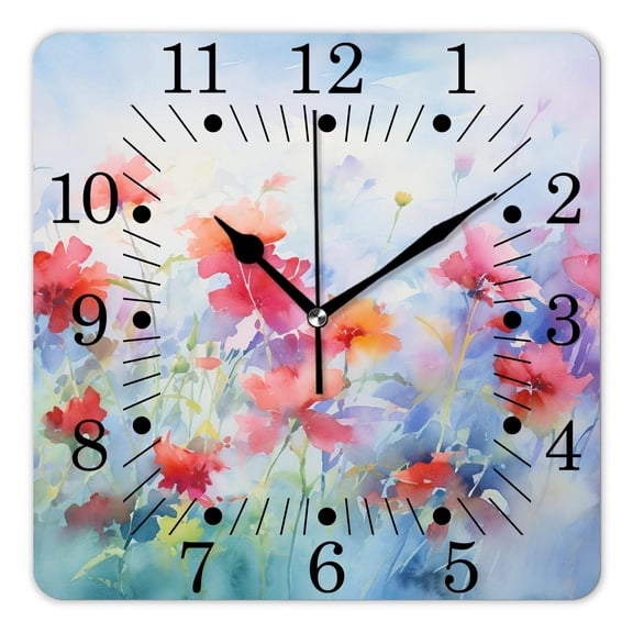 10 Inch Wall Clock Battery Operated Square Clock for Office, Kitchen, Outdoor, Living Room,Flower Paint of Nature Elements Botanic Floral Motives Isan Adorable