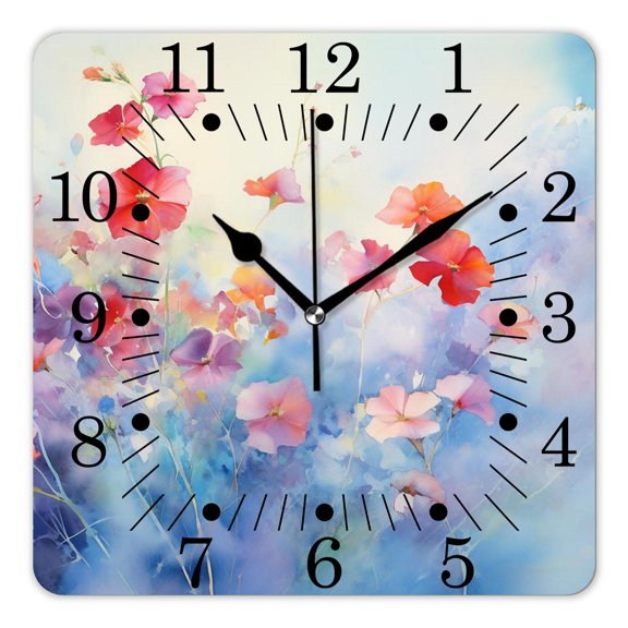 10 Inch Wall Clock Battery Operated Square Clock for Office, Kitchen, Outdoor, Living Room,Flower Paint of Nature Elements Botanic Floral Motives Isan Picture