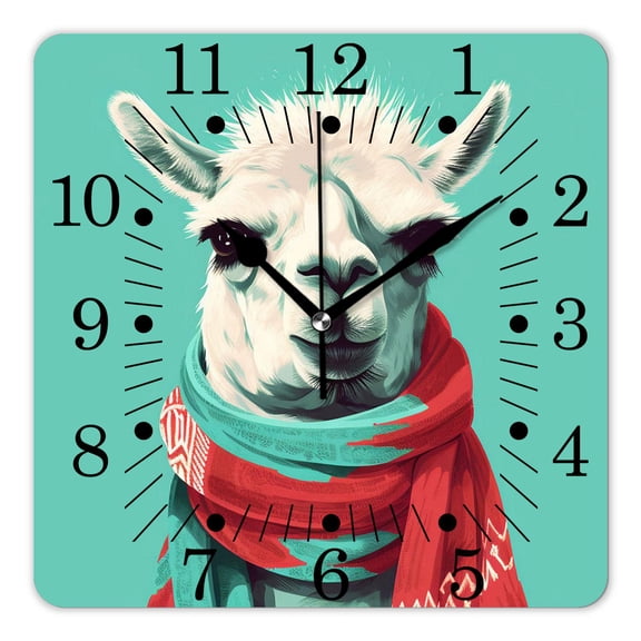 10 Inch Wall Clock Battery Operated Square Clock for Office, Kitchen, Outdoor, Living Room,Funny Alpaca Lama with Scarf on Blue Cartoon Character Animal Llama Pattern
