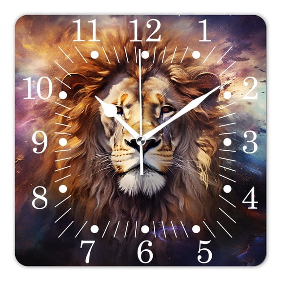 10 Inch Wall Clock Battery Operated Square Clock for Office, Kitchen, Outdoor, Living Room,Galaxy Lion Animal In Colorful Nebula Outer Space Universe Painting
