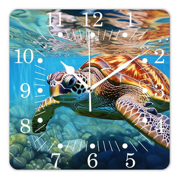 10 Inch Wall Clock Battery Operated Square Clock for Office, Kitchen, Outdoor, Living Room,Green Sea Turtle In Warm Water of Pacific Ocean In Hawaii Creative