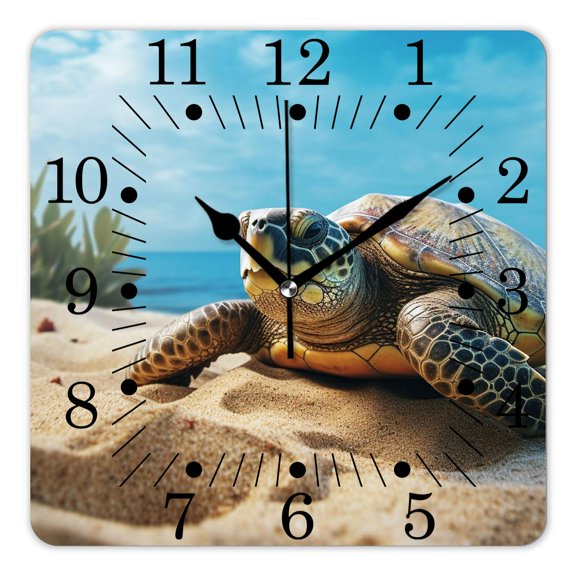 10 Inch Wall Clock Battery Operated Square Clock for Office, Kitchen, Outdoor, Living Room,Green Sea Turtle In Warm Water of Pacific Ocean In Hawaii Lovely